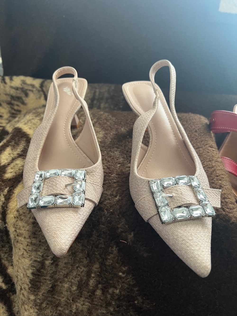 Pointed Slingback Heels with Crystal Buckle in Blush